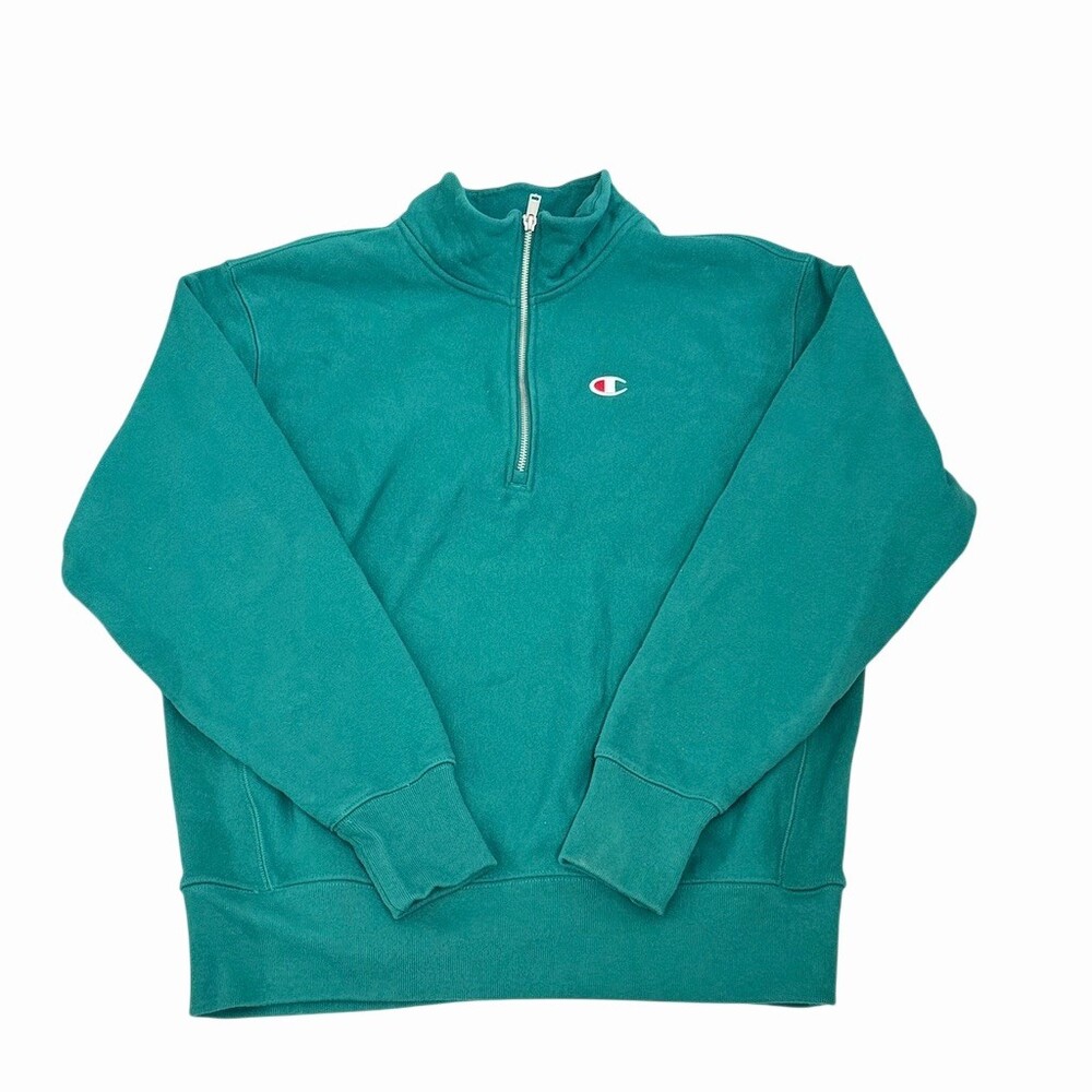 Champion Reverse Weave Quarter Zip Mock Neck Pullover Mens Large Green Heavy